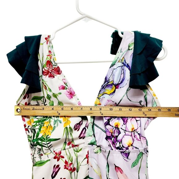 Floral V-Neck One-Piece Swimsuit With Ruffle Sleeves Size S - Picture 4 of 8